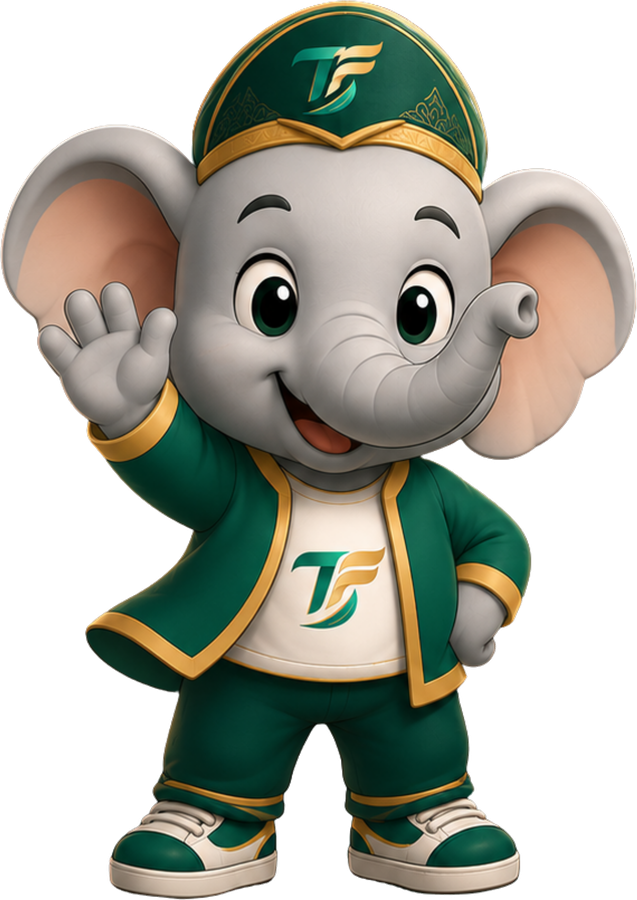 Maskot Tarbiyah Fair XI, gajah berpeci hijau yang melambaikan tangan